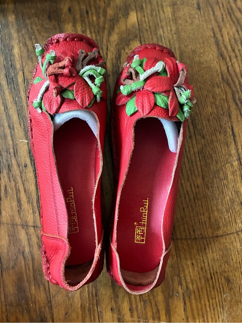 Red Floral Leather Moccasins for Women - Unbranded